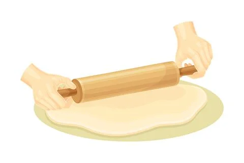 Hand rolling dough with a rolling pin. Bakery process, kneading pastry for 스톡 일러스트