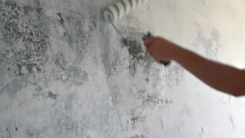Hand rolling primer over textured interior wall to cover stains and patch Stock Footage 335315854