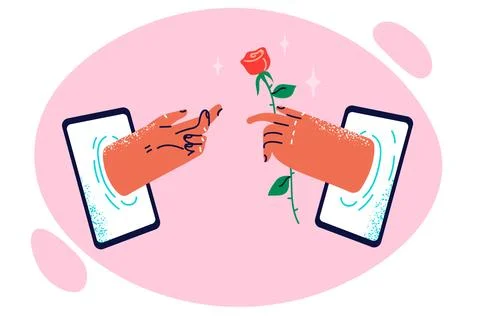 Hand with rose in tablet display metaphor for digital gift and romantic Stock Illustration