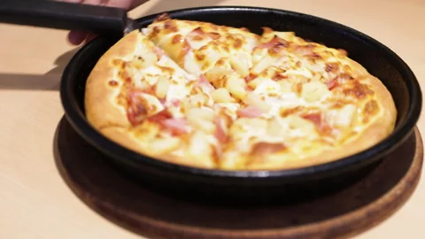 Hand rotate pizza on pan. Stock Footage 265210275