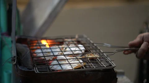 Hand rotating grilling dry squid with charcoal fire Asian Thailand street foo Video stock 229923897