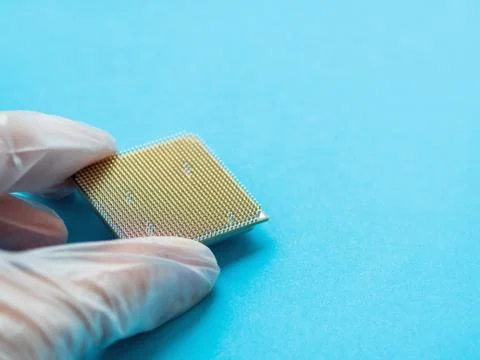 Hand in rubber glove with Central Computer Processor. CPU on blue background. Stock Photos