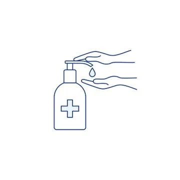 Hand sanitizer bottle thin line icon Palms washing Stock Illustration