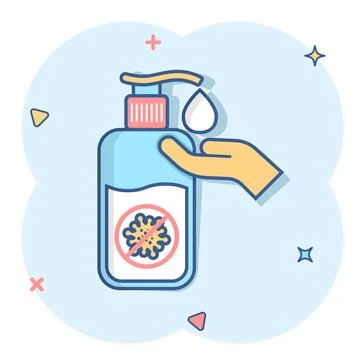 Hand sanitizer icon in comic style. Antiseptic bottle cartoon vector illust.. Stock Illustration