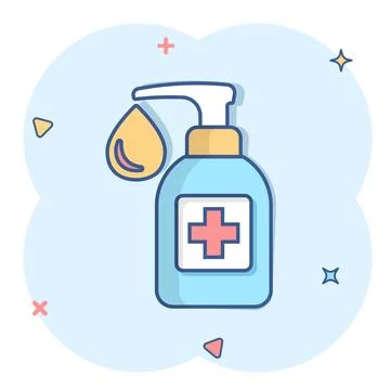 Hand sanitizer icon in comic style. Antiseptic bottle cartoon vector illust.. Illustrazione stock