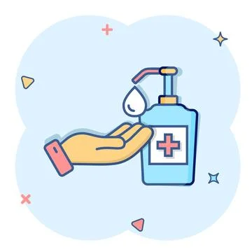 Hand sanitizer icon in comic style. Antiseptic bottle cartoon vector illust.. Stock Illustration