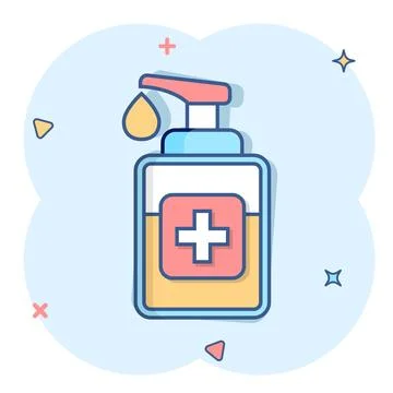 Hand sanitizer icon in comic style. Antiseptic bottle cartoon vector illust.. Stock Illustration