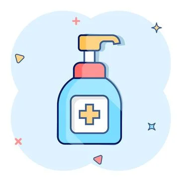 Hand sanitizer icon in comic style. Antiseptic bottle cartoon vector illust.. Stock Illustration
