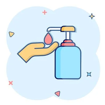 Hand sanitizer icon in comic style. Antiseptic bottle cartoon vector illust.. Illustrazione stock