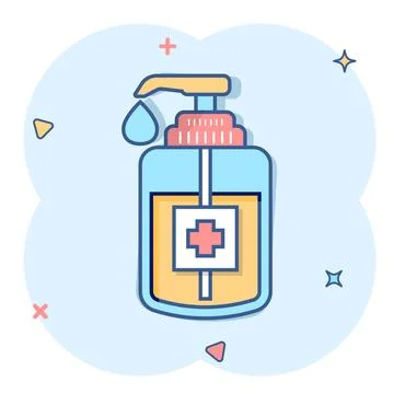Hand sanitizer icon in comic style. Antiseptic bottle cartoon vector illust.. Stock Illustration
