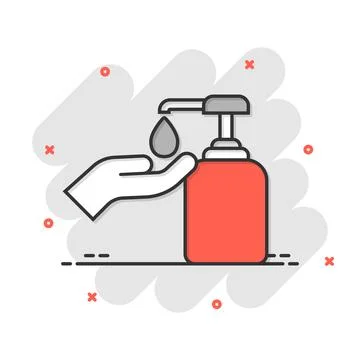 Hand sanitizer icon in comic style. Antiseptic bottle cartoon vector illust.. Stock Illustration