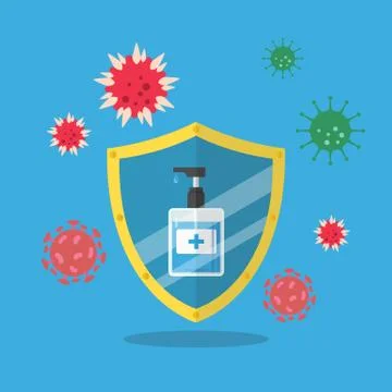 Hand sanitizer pump bottle with shield protecting virus Stock Illustration
