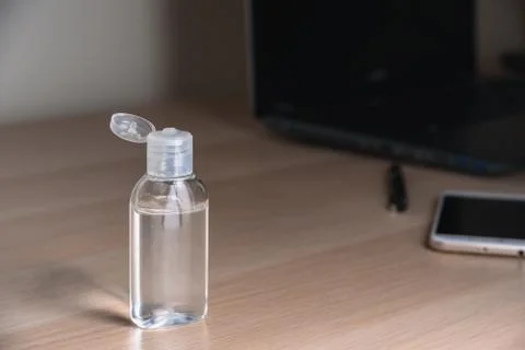 Hand sanitizer on working table Stock Photos