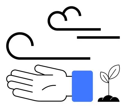 Hand with Sapling and Wind Symbolizing Growth, Nurture, and Environmental Care 库存插图