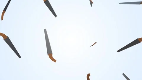 Hand Saw Falling on a Light Blue Background. Wooden Handle Hand Saw 3D. 4K Stock Footage 296090600
