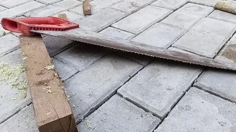 Hand Saw on Ground After Cutting Wood Pan Shot Stock Footage 339538251