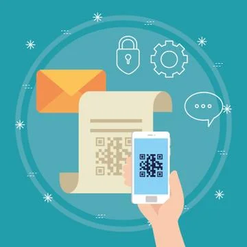 Hand scan code qr with smartphone and icons Stock Illustration