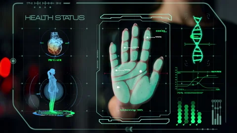 Hand scanner health status checking process analysing biometrical personal data Stock Footage 167947923