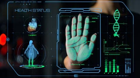 Hand scanner health status checking process analysing biometrical personal data 스톡 사진