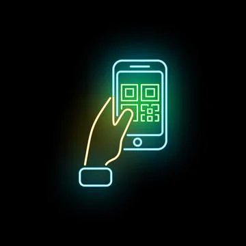 Hand scanning qr code on smartphone screen neon Stock Illustration
