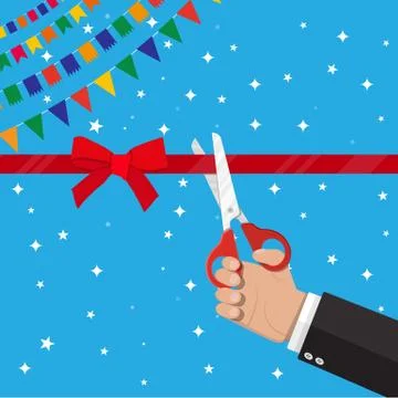 Hand with scissors cut red ribbon Stock Illustration