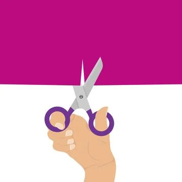A hand with scissors cuts the fabric. Hands hold scissors. Illustrazione stock