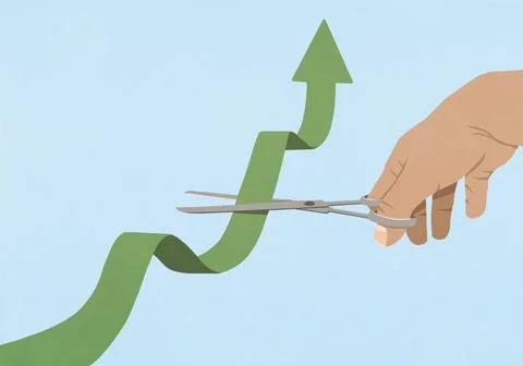 Hand with scissors cutting ascending green arrow against blue background Stock Illustration