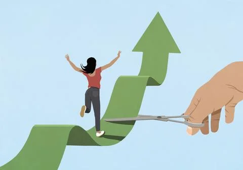 Hand with scissors cutting green arrow path in front of carefree, oblivious Stock Illustration