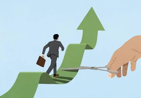 Hand with scissors cutting green arrow path in front of businessman on the move Stock Illustration