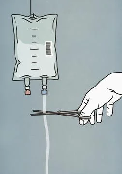 Hand with scissors cutting IV drip bag Stock-Illustration