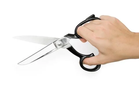 Hand with Scissors Isolated on a White Background Photos