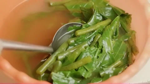 Hand scooping boiled green beans and leaves from bowl with ladle Stock Footage 320131250