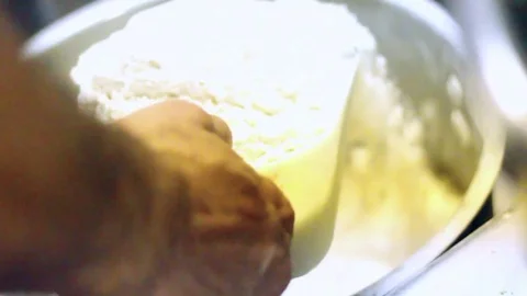 Hand Scooping Flour in Restaurant Kitchen Stock Footage 79128978