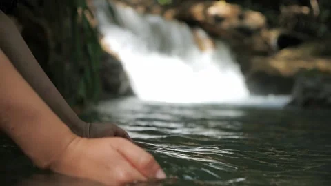 Hand scooping fresh stream waterfall in the forest, Slow motion Stock Footage 169557881