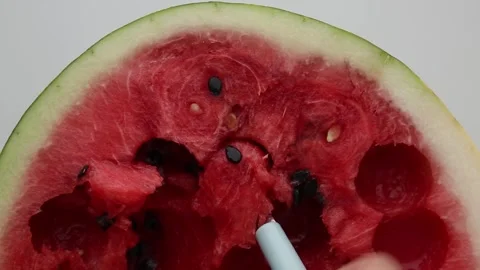 Hand scooping watermelon with spoon - ASMR eating sounds Stock Footage 314883246