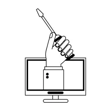 Hand with screwdriver on computer screen black and white Illustrazione stock