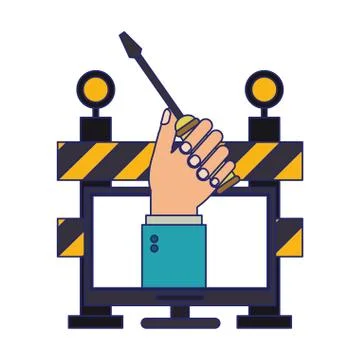 Hand with screwdriver on screen and construction barrier blue lines Stock Illustration