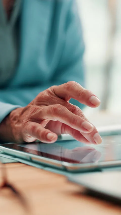 Hand, scroll and research in office with tablet, data analysis and financial Stock Footage 330529922