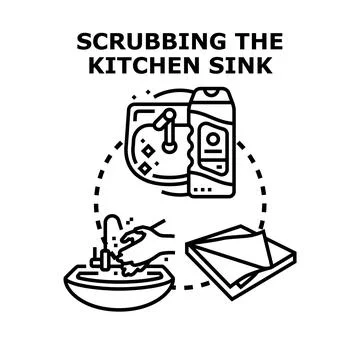 Hand scrubbing kitchen sink with cleaning products Stock Illustration