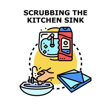 Hand scrubbing kitchen sink with cleaning products Stock Illustration