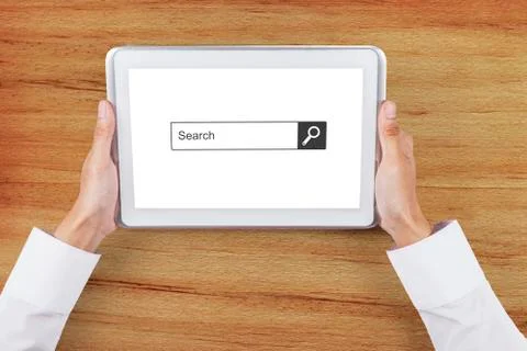 Hand with search box on tablet screen Stock-Fotos