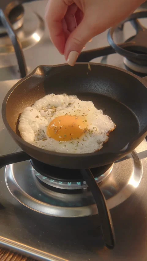 Hand seasons fried egg in small black iron pan 스톡 동영상 331773177