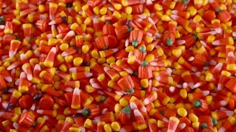 A hand is seen grabbing into a large pile of Halloween candy corn and Stock Footage 116573181
