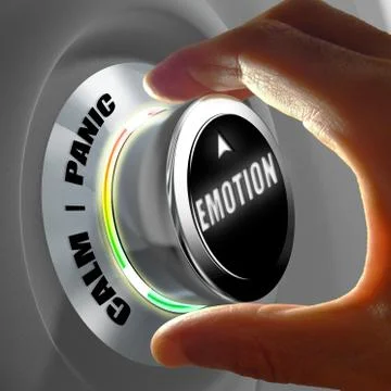 Hand selecting between calm and panic emotion. Concept. 3D Rendering Illustrazione stock