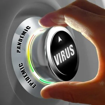 Hand selecting between epidemic or pandemic. Concept. 3D Rendering Stock Photos