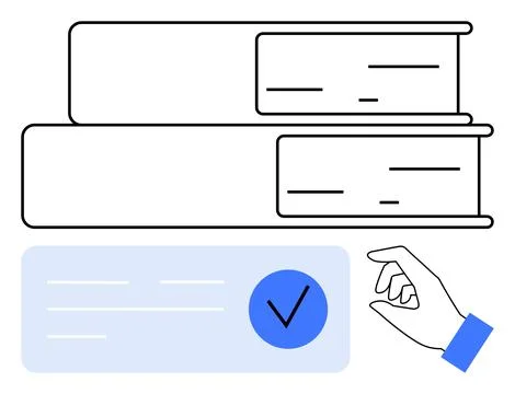 Hand Selecting Book Next to Verification Check Mark and Document Icon for E.. Illustrazione stock