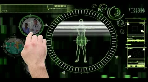 Hand selecting clips of various medical teams on interactive menu Stock Footage