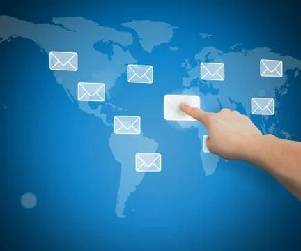 Hand selecting email from world map interface 스톡 일러스트