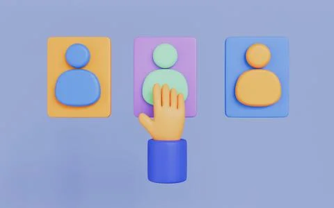 A hand selecting one profile from multiple candidates, HR decision making Illustrazione stock