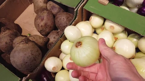 Hand selecting onions and potatoes in a market vegetable box Stock-Footage 342065163